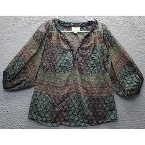 Maeve Blouse Top Womens Small Multi Sheer Floral Pleated 3/4 Sleeve V Neck